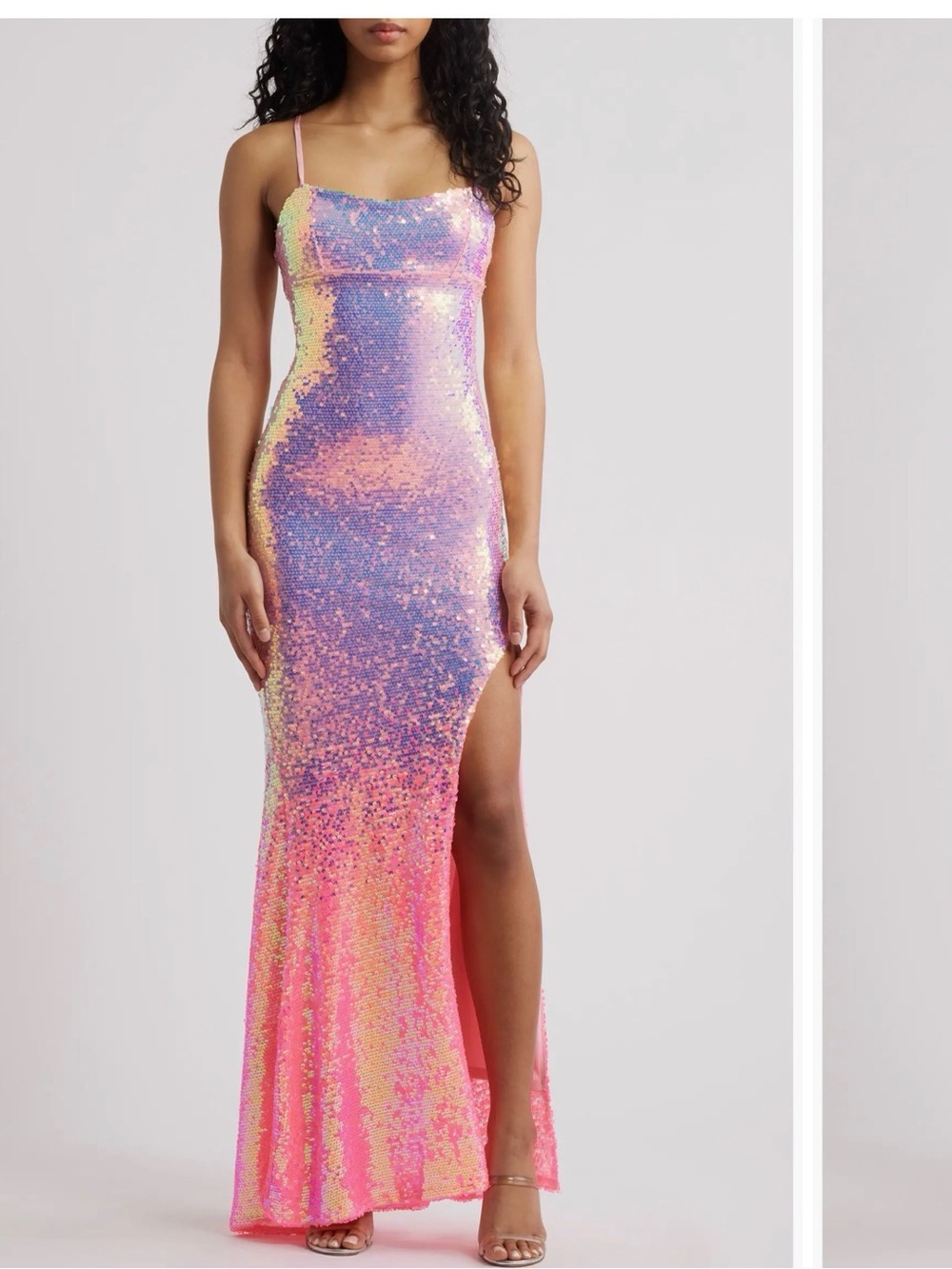 Iridescent Sequin Mermaid Gown in Pink, Purple & Gold